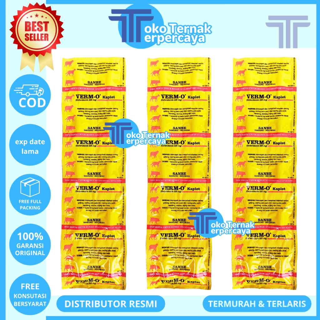 VERM O KAPLET 1 STRIP (@10 KAPLET) - Obat Cacing Kambing Domba Babi SANBE