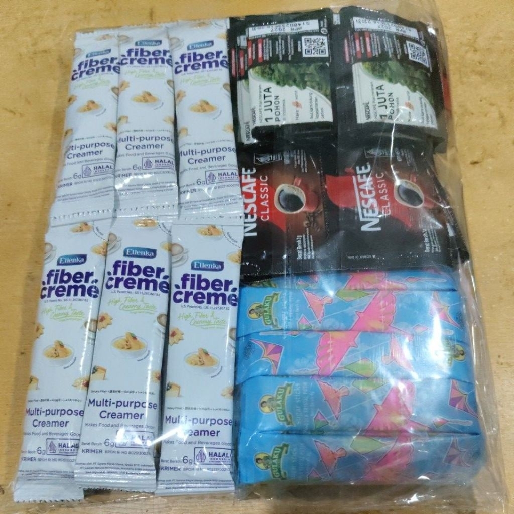 

Kopi Nescafe 2 gram (30 sachet) + Fiber creme 6 gram (30 sachet) + gulaku stick 8 gram (30 sachet) kopi nikmat dan wangi