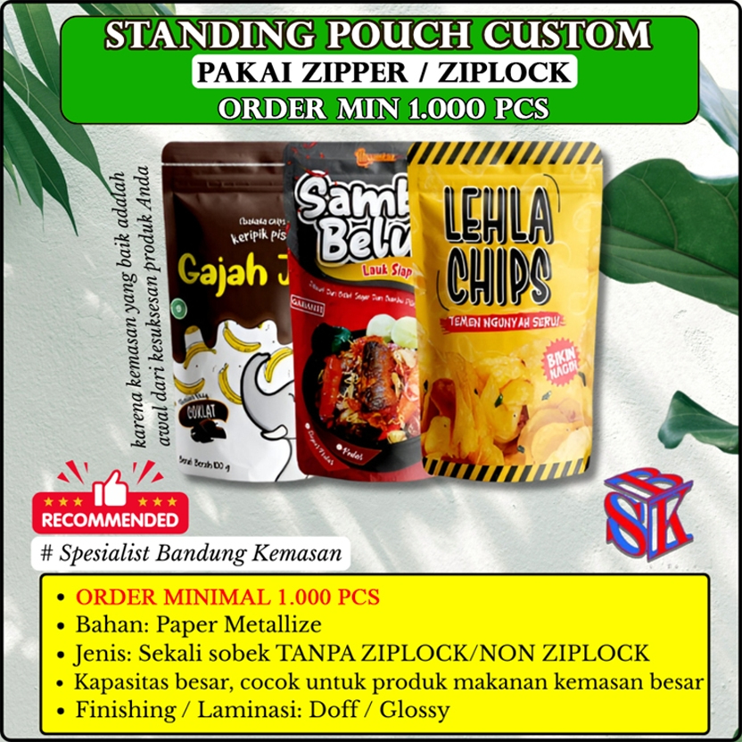 CETAK STANDING POUCH CUSTOM PAKAI ZIPPER/ZIPLOCK ORDER 1.000 PCS PRINTING KEMASAN PLASTIK MAKANAN