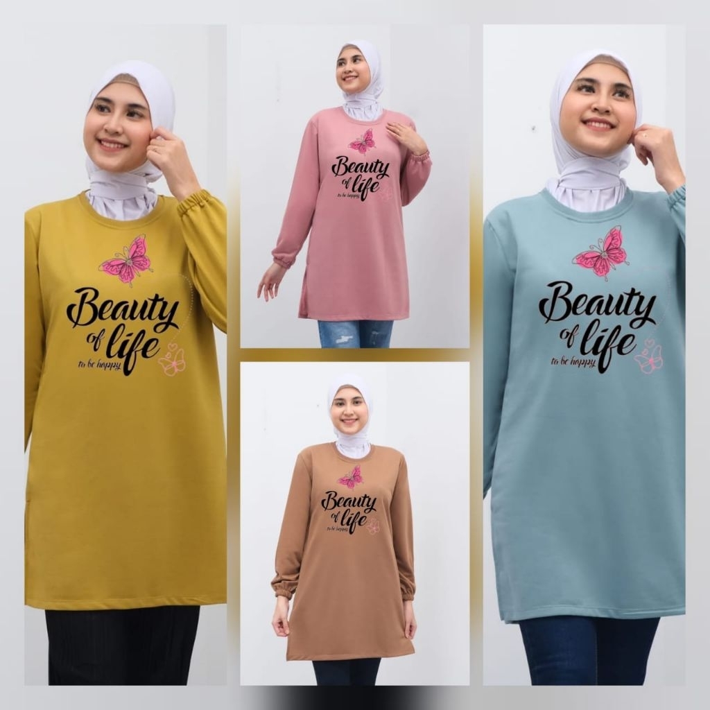 kaos tunik wanita dewasa lengan panjang karet motif Beautiful in life Baju tunik wanita busana wanit