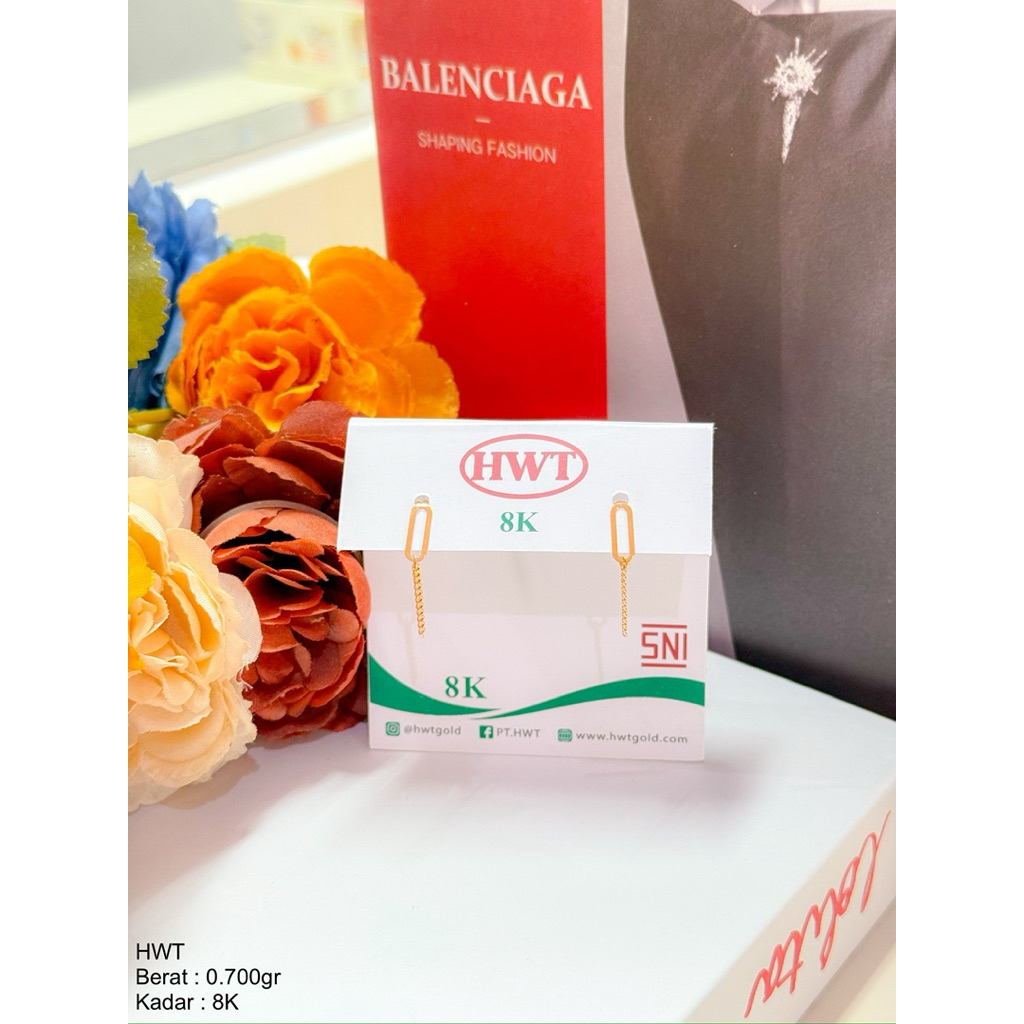 Perhiasan Anting Emas Tindik Stud Paperclip Rantai Juntai HWT 8k/375