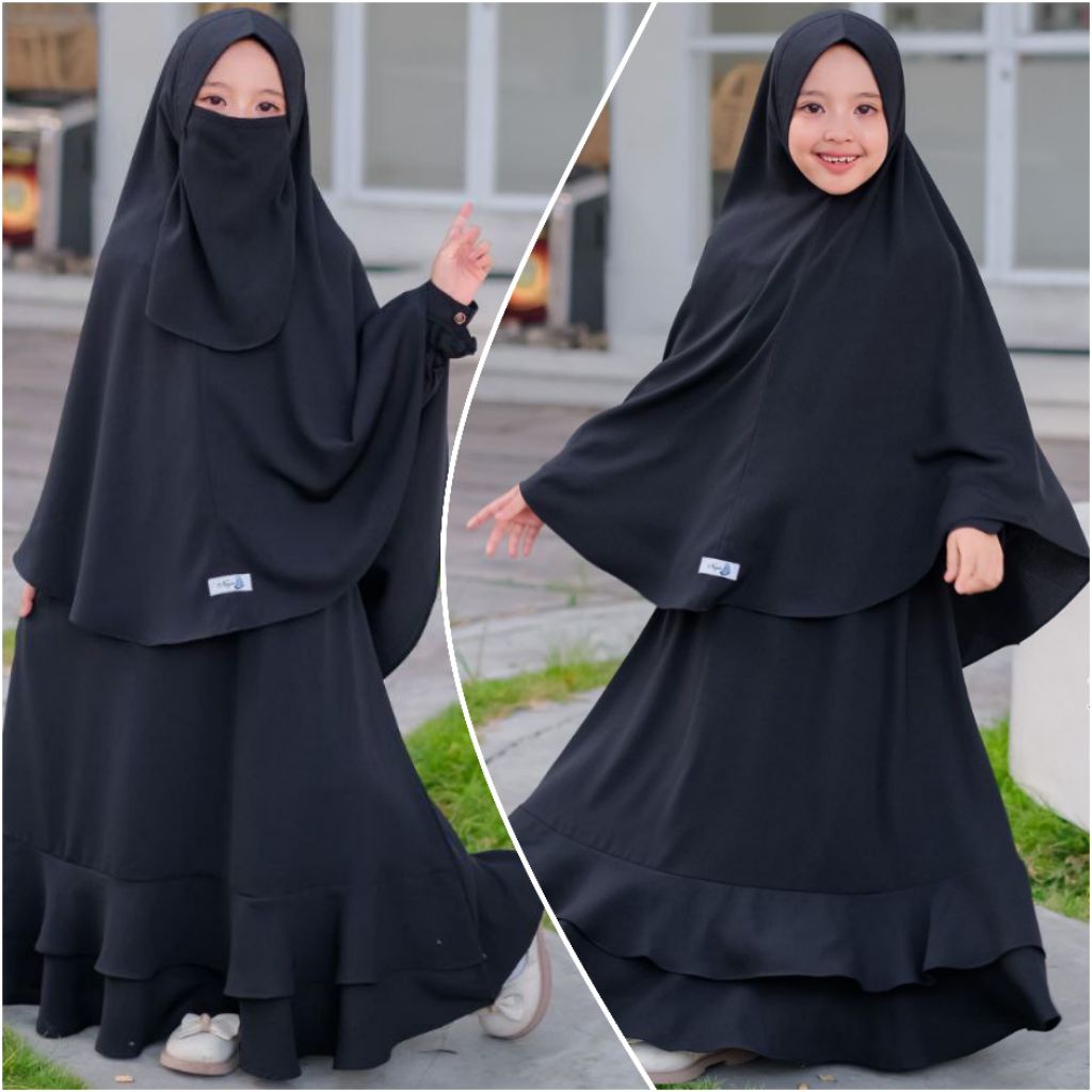 [Nayla Kids] Jet Black Gamis Anak Set Jilbab Cadar Tali Z-Black