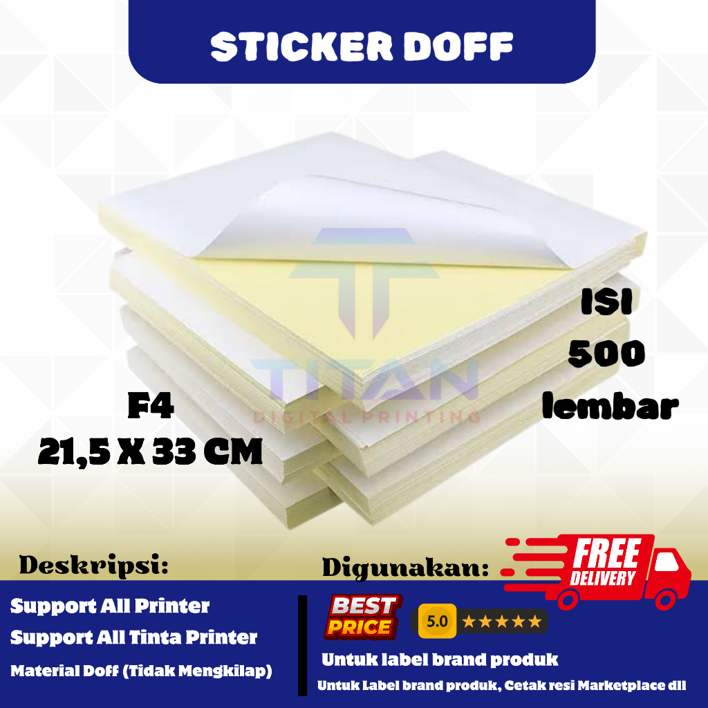 

Kertas Stiker F4 Doff isi 500 lembar / Kertas Stiker F4 / Sticker F4 Doff / Kertas Sticker F4 Doff