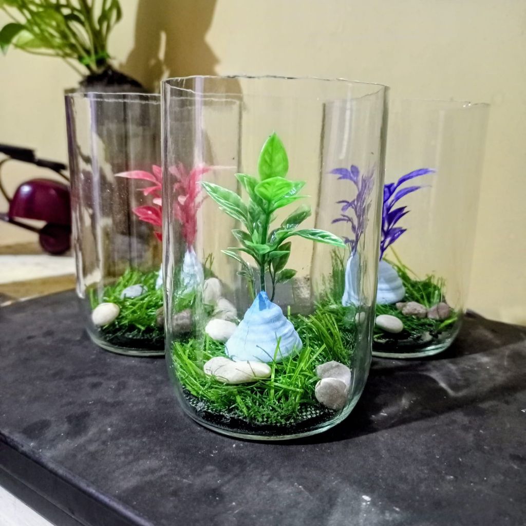 Botol cupang 400 ml paket 2 pcs Akuarium cupang set hiasan aquarium set rumput dasar aquarium sintes