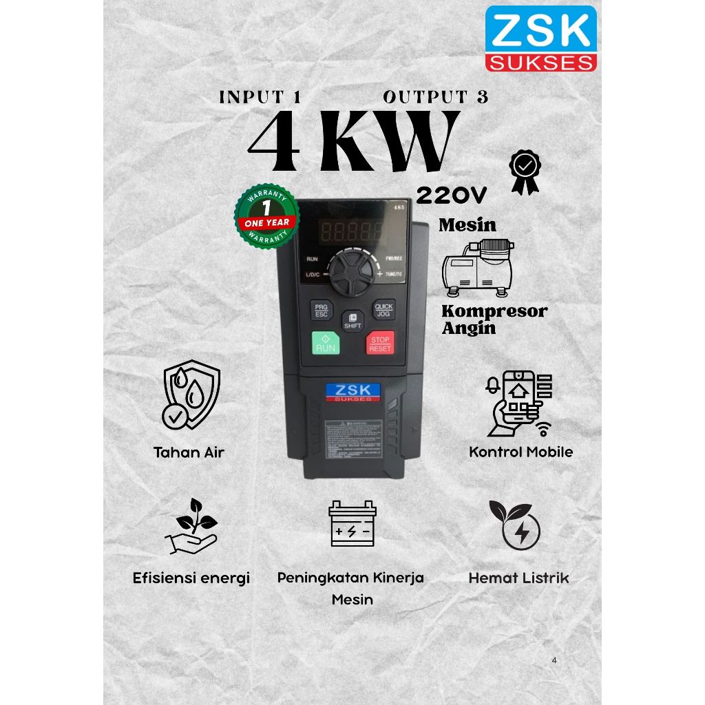 ZSK Inverter VFD / Elektronik VFD / Frequency Converter 4 KW 1PH Input 3PH Output 220V