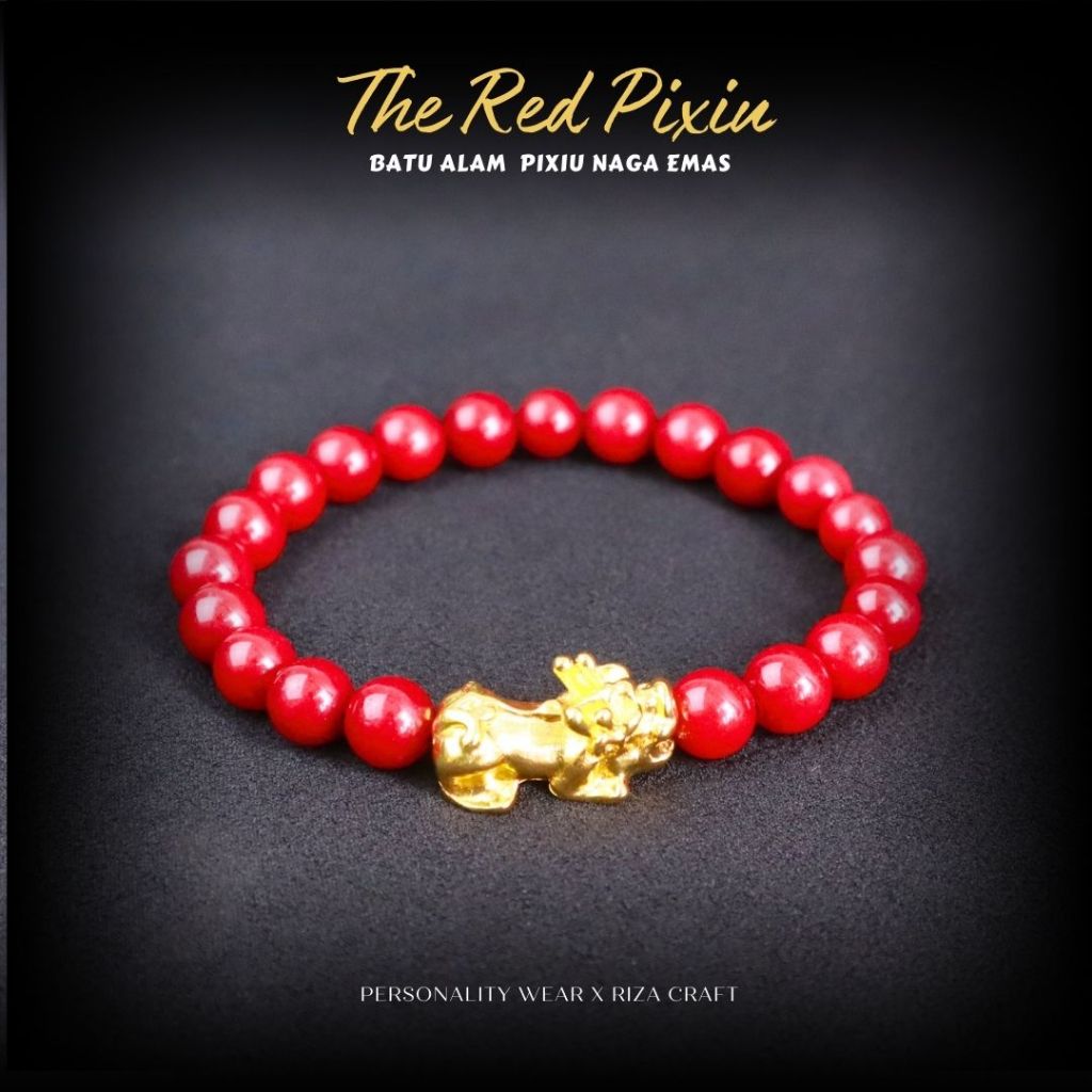 THE RED PIXIU - Gelang Pixiu Naga EMAS Batu Alam Kristal Agate Garnet Merah Asli 100% Original Pria 