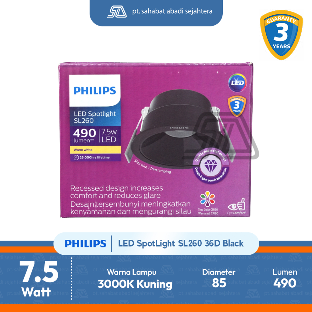 Philips Lampu LED SpotLight SL260 7.5W 36D Black Kuning 3000K