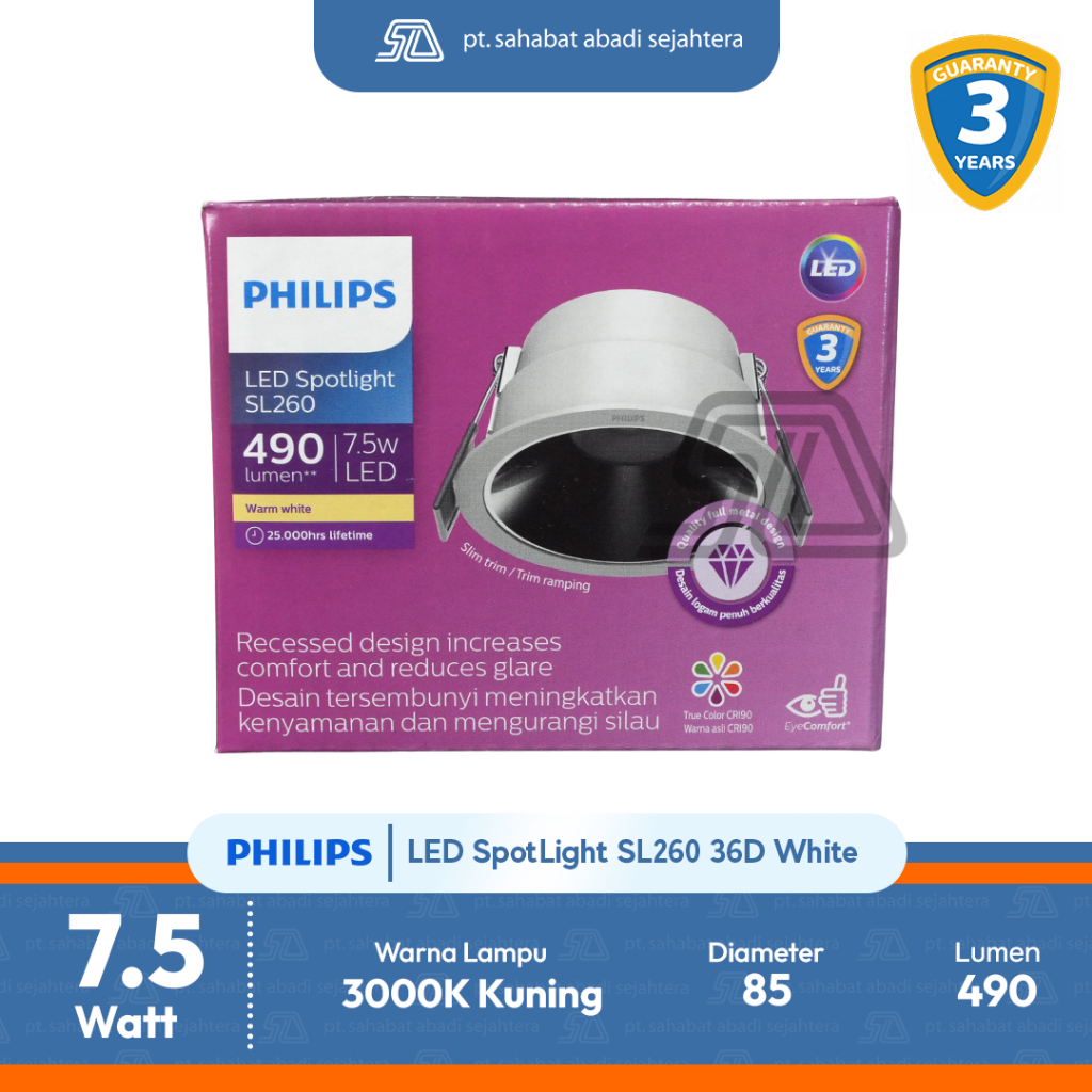 Philips Lampu LED SpotLight SL260 7.5W 36D White Kuning 3000K