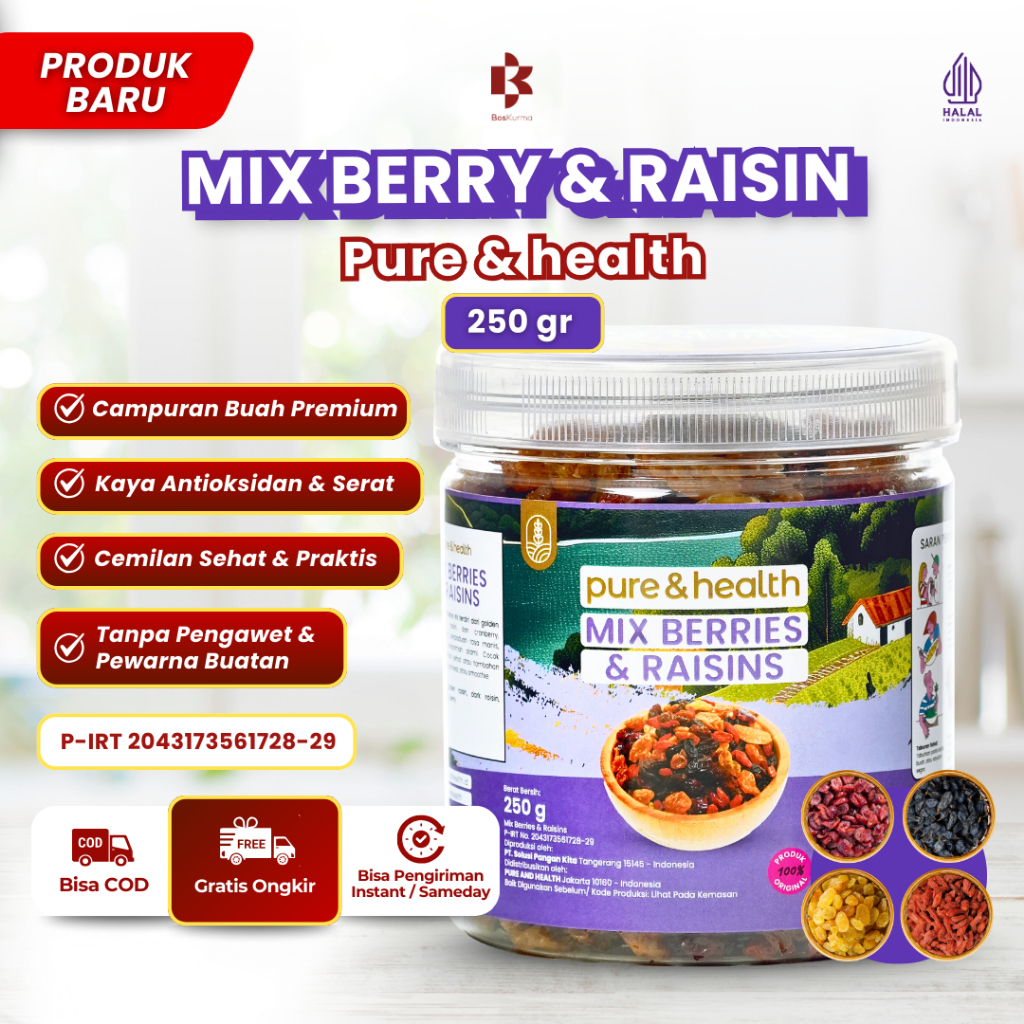 

Mix Berry and Raisin 250 Gram Jar Pure and Health Snack Cemilan Sehat Buah Kering Kismis Topping Muesli