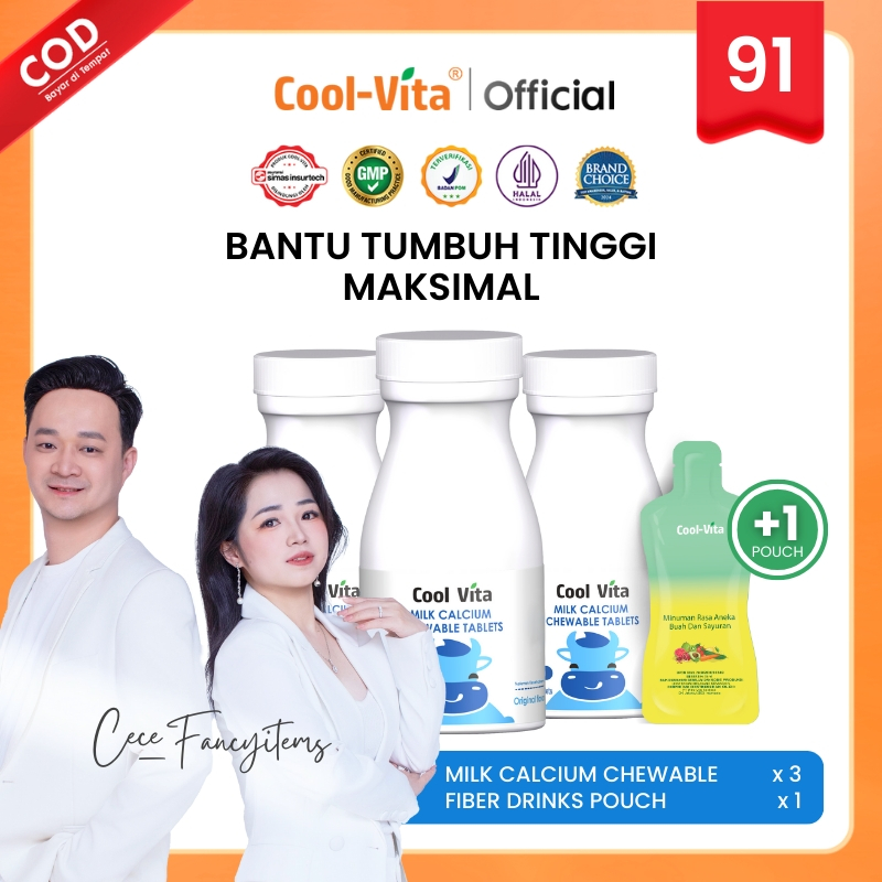 [Exclusive cece_fancyitems] Coolvita Calcium Chewable Tablets Rasa Susu 3 Botol + 1 Pouch Fiber Deto