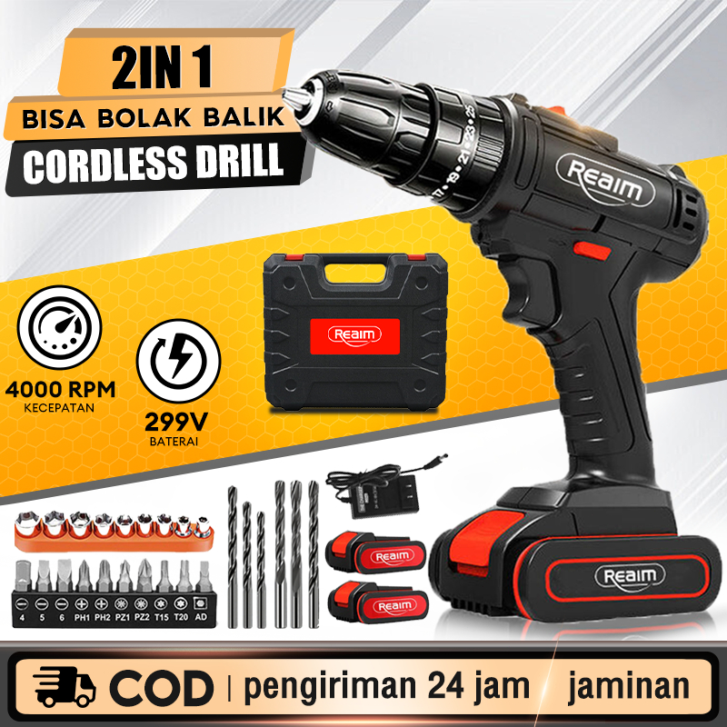 REALM Bor Baterai Bor Cas Bor Listrik Bor 2 in 1 Cordless Electric Drill Impact Drill Drill Obeng