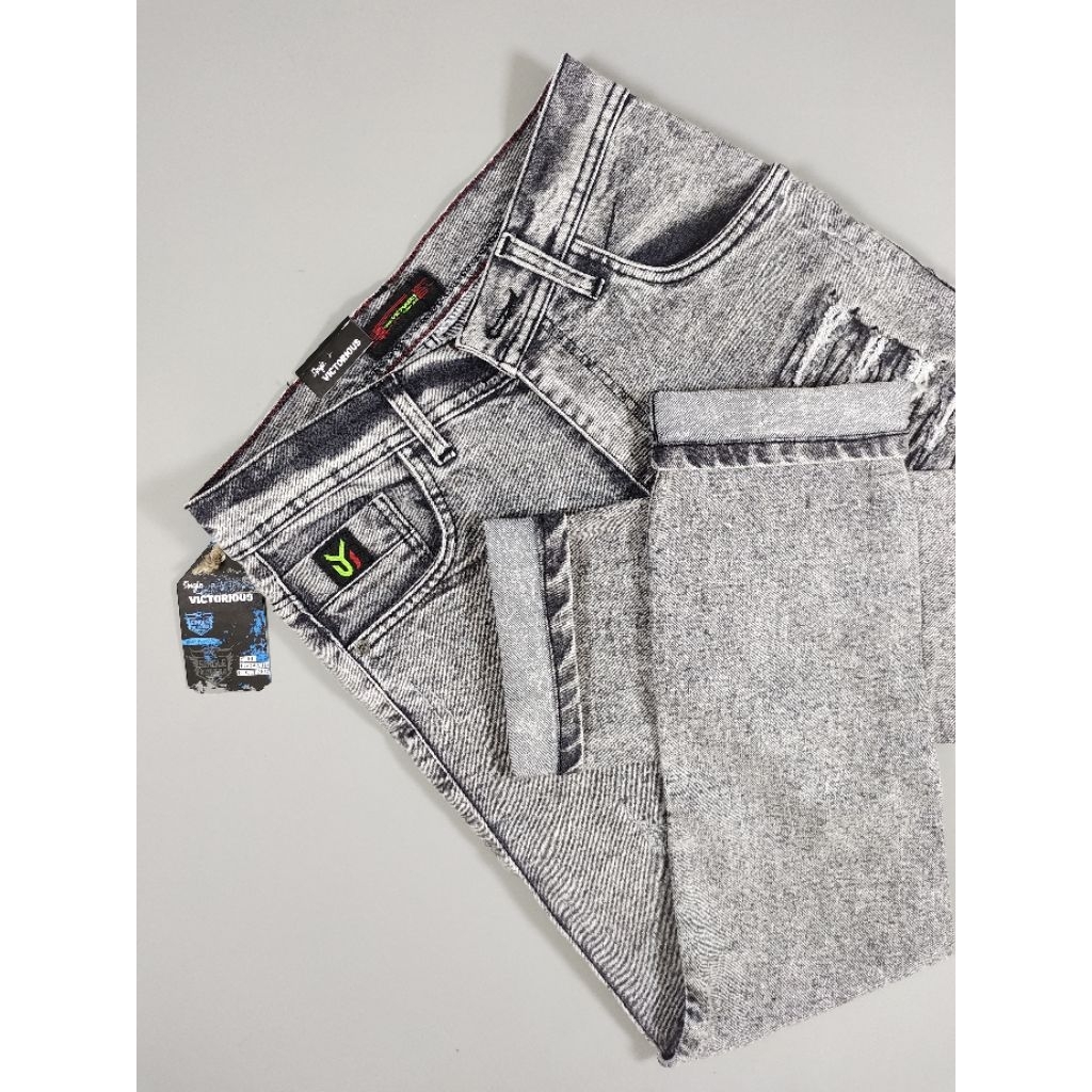VICTORIOUS Slimfit Jeans Pria Abu Snow Starlight, Celana Panjang Pria Sobek, Celana Panjang