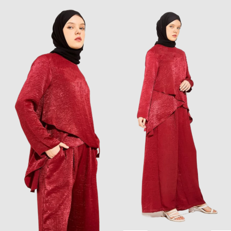 Nazira Set Blouse Red / Satu Set Blus + Celana/Kulot Warna Merah / Modis / Kain Lembut, mengkilap, H