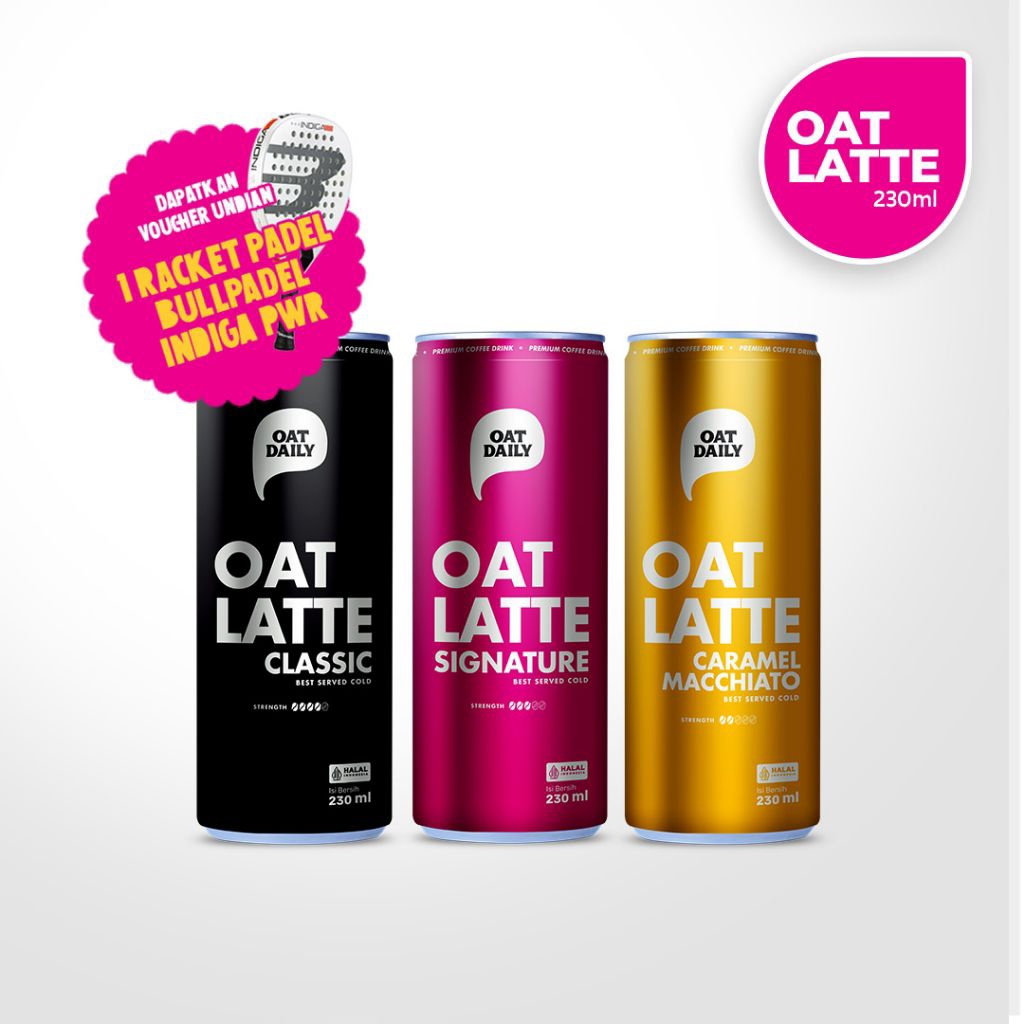 

OAT DAILY Coffee Oat Latte (3pcs) | SPESIAL TIKET UNDIAN RAKET BULLPADEL - Minuman Kaleng 230ml