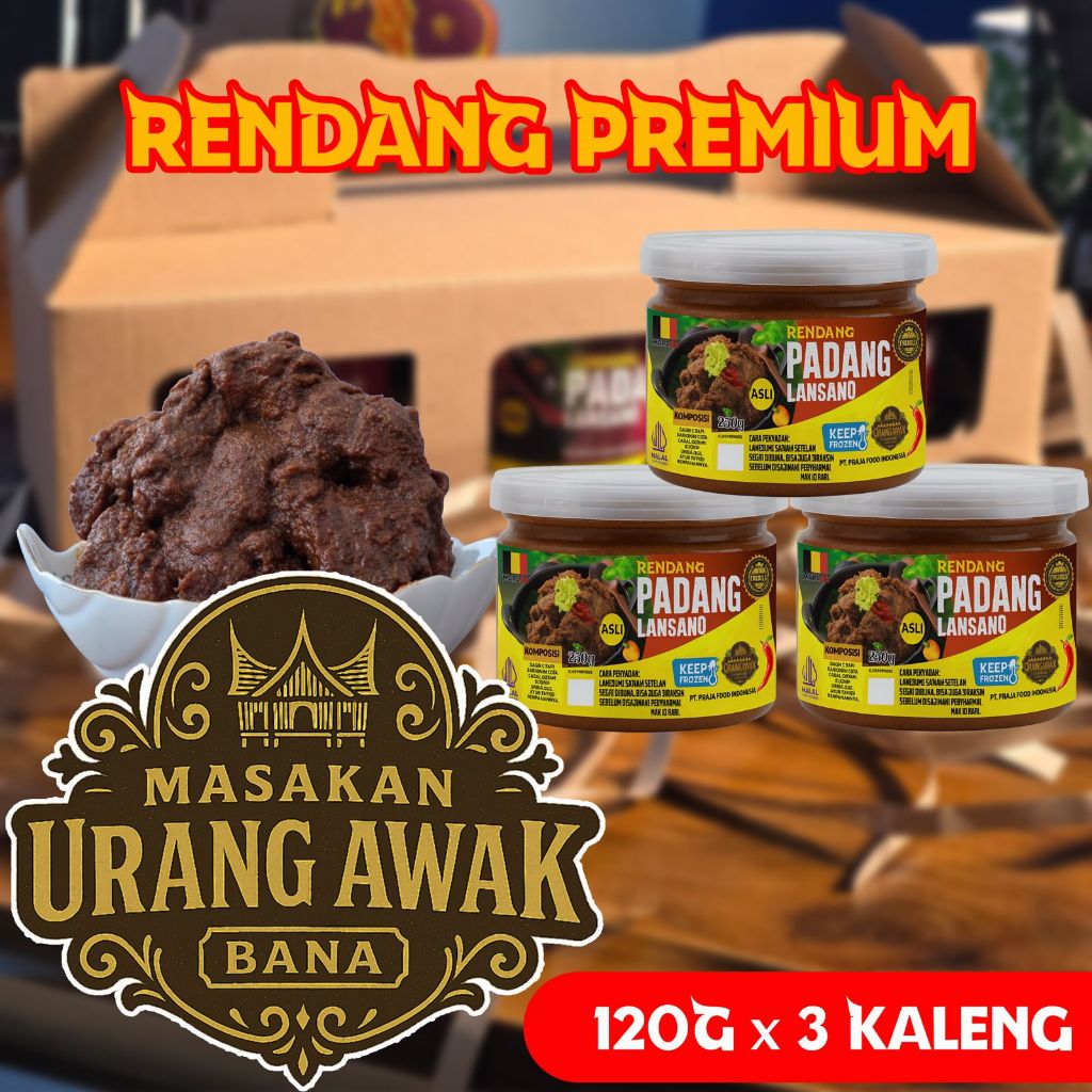 

Rendang Daging Sapi Khas Padang PREMIUM / Rendang Padang Lansano 120Gr x 3 Kaleng Siap Saji Halal