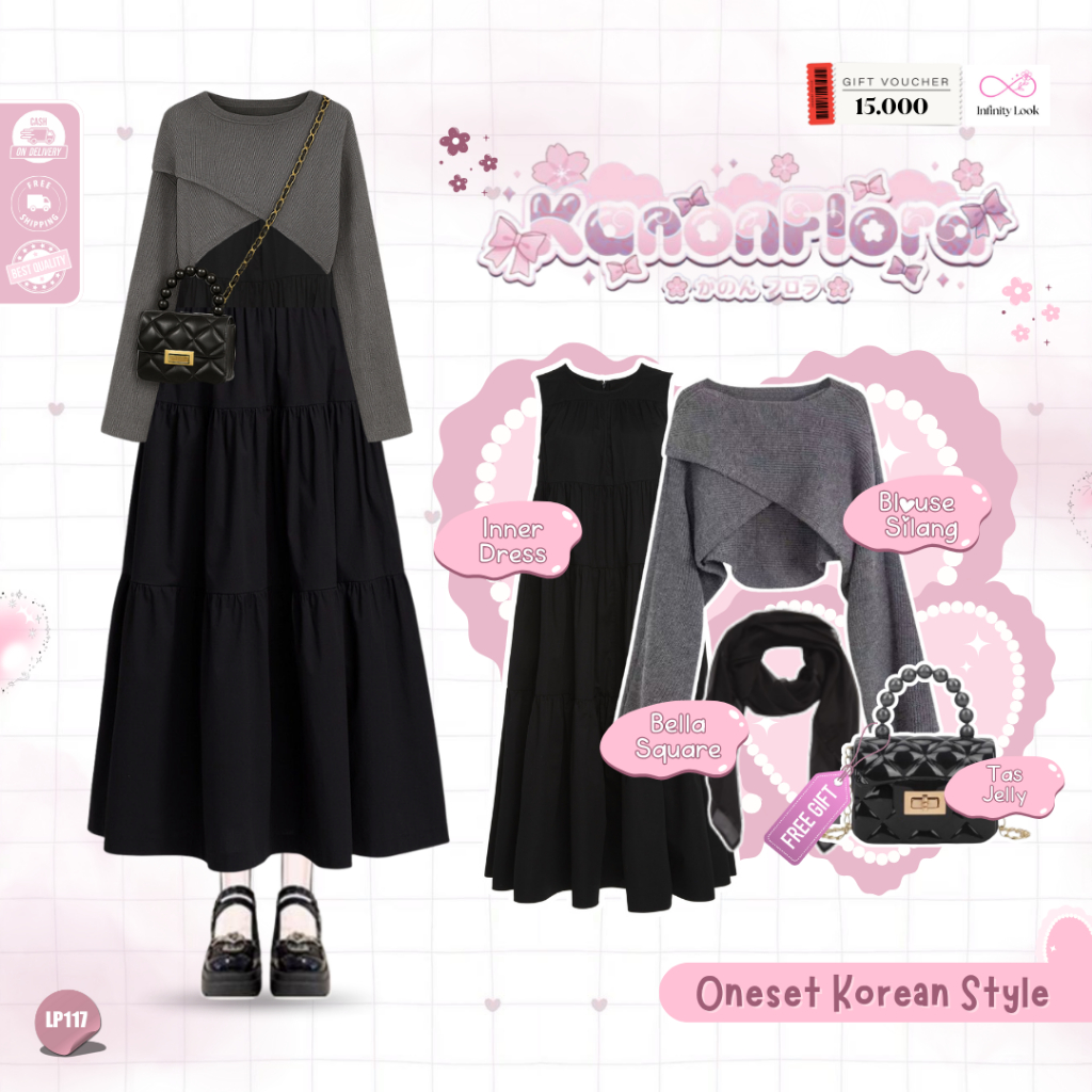 Izza  Set Korean Style Remaja  ( Tas + Bella Square + Blouse + Inner Dress ) OOTD Kampus - LP 117