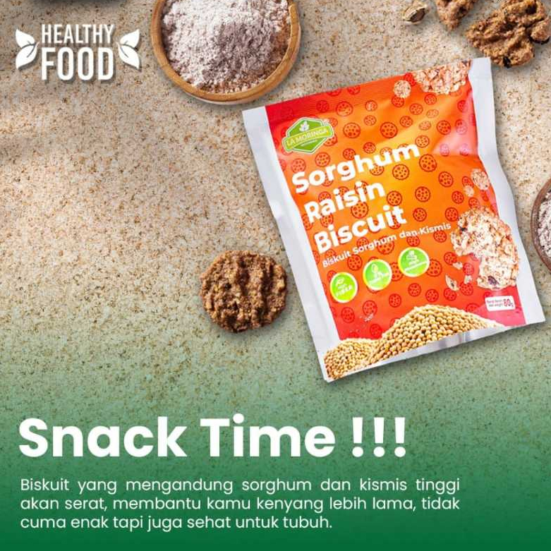 

[READY STOCK] HEALTHY SORGHUM RAISIN BISKUIT 80 GR (LA MORINGA) | CAMILAN DIET / CEMILAN SEHAT GLUTEN FREE | BISKUIT SORGHUM & KISMIS | HIGH FIBER | ZERO TRANS FAT | HIGH PROSPORUS | LOW CALORIE | KAYA ANTIOKSIDAN | SUMBER VITAMIN