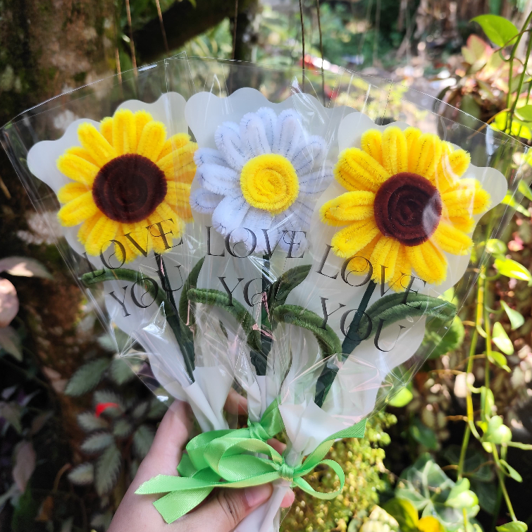 PO‼️ Buket Bunga Handmade 1 Tangkai – Daisy Putih & Sunflower Mix + Plastik