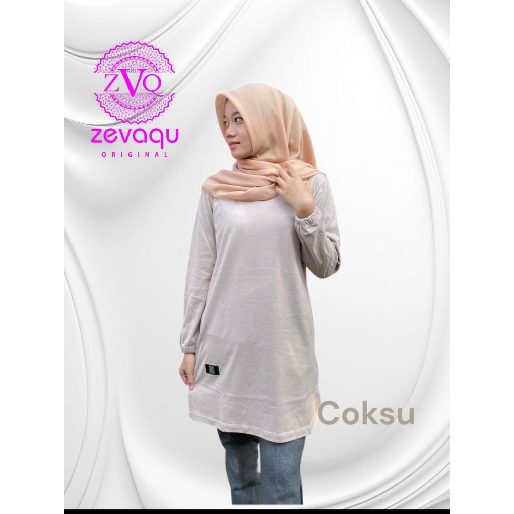 Original Zevaqu Kaos Tunik Polos Atasan Wanita Muslimah size JUMBO warna Marun Hitam Mustard