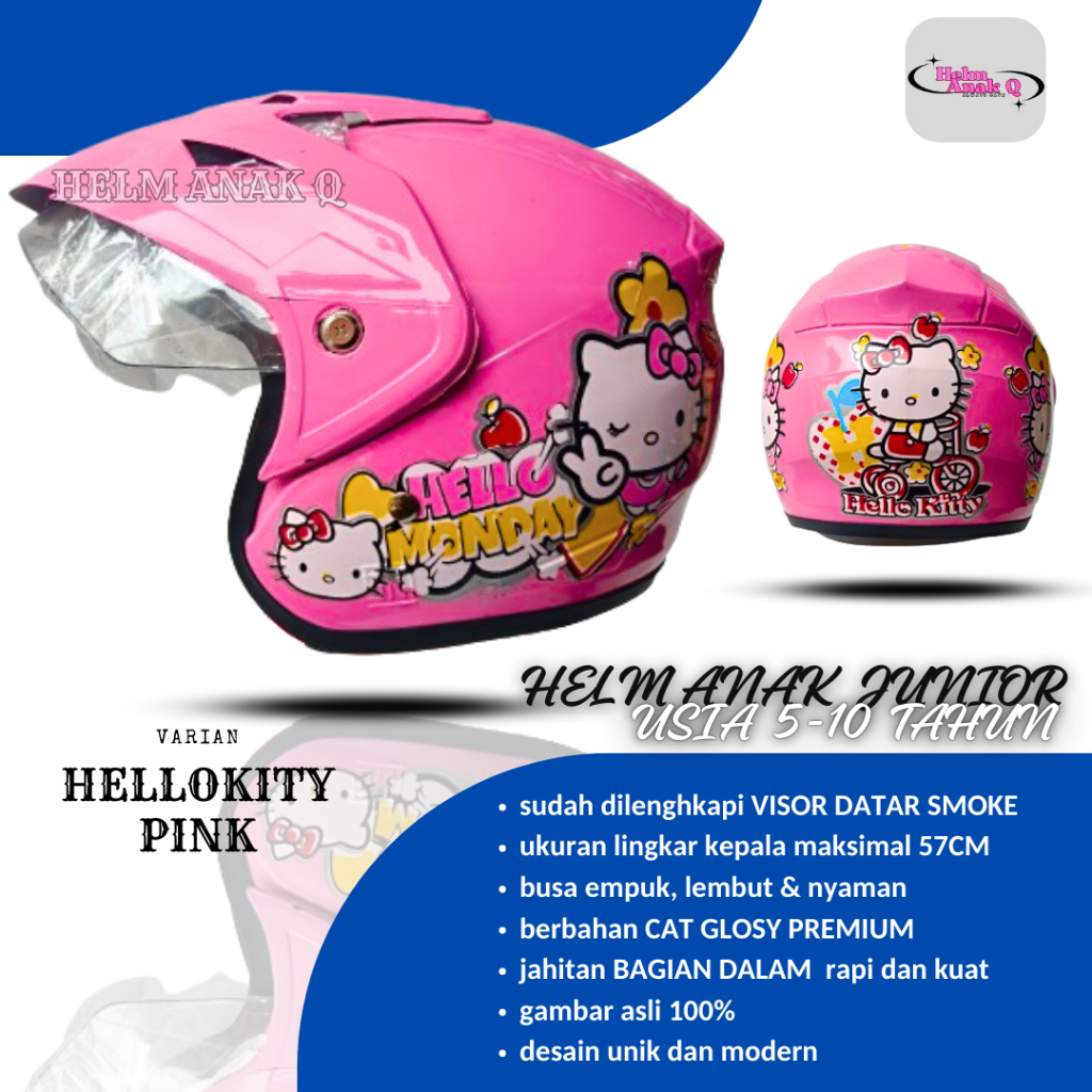 Helm Anak Junior Pet Karakter Cat Premium Usia 5-12 Tahun Laki Laki Perempuan - Hellokitty Pink