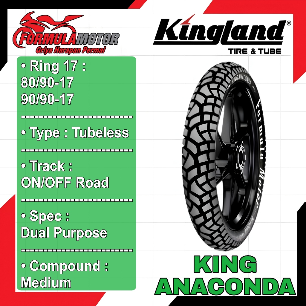 Promo Kingland King Anaconda Ring 17 Tubeless (Dual Purpose) Ban Tubles Motor Bebek Ukuran 80/90,