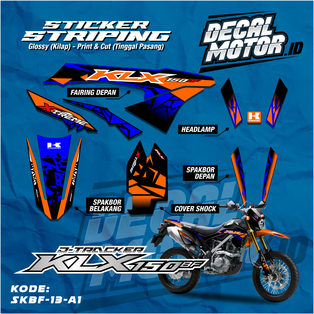 Striping Kawasaki KLX 150 BF Vinyl Premium - Decal Stiker KLX BF EXTREME - Desain Racing Biru Orange