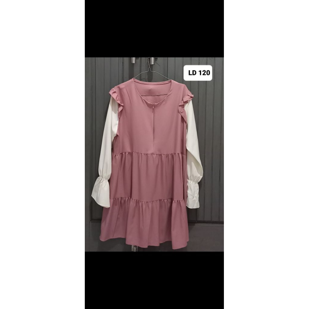 Atasan Tunik Wanita Warna pink putih model ruffle