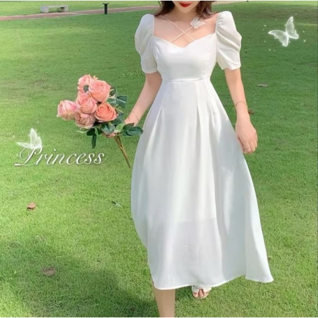 summer white midi dress kekinian baju putih natal pantai wanita muslimah import korea style