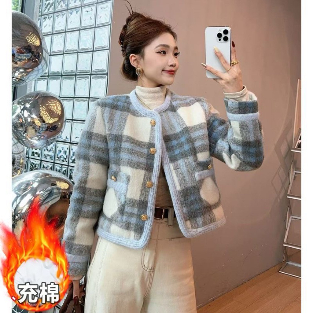 [READY] fashionable winter outfit Blue plaid woolen warm coat || Jaket Musim Dingin Motif Garis Kota