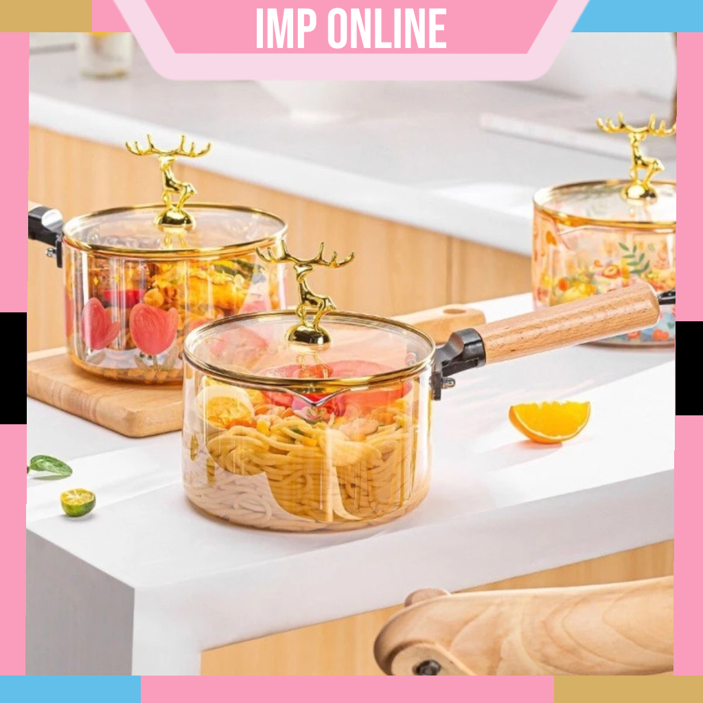IMP- Panci Kaca Gagang Kayu Borosillicate | Panci Mie Kaca Bening Transparan | Panci Sultan