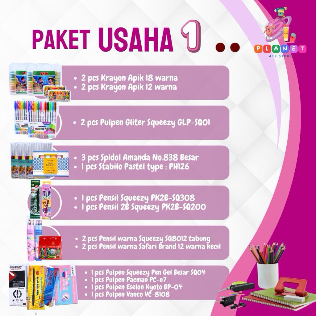 

PAKET USAHA 1 ATK Krayon, pulpen, pulpen gliter, stabilo, pensil warna, spidol warna, pensil 2b