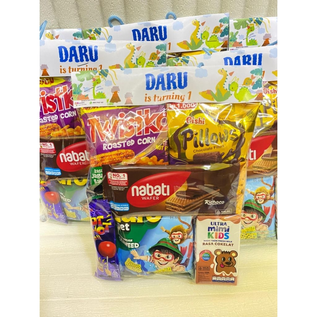 

Paket Snack Ulang tahun Kode 10k Tanggo/ Bingkisan ultah murah || Parcel Snack kemas label | Snack ulang tahun anak 10rb an