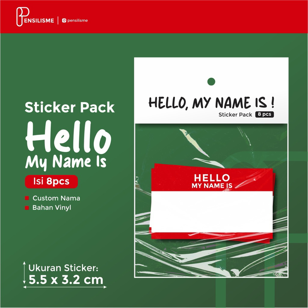 

Sticker Pack Label Hello My Name Is – 8 Pcs, Custom Nama, Bahan Vinyl, Harga Murah