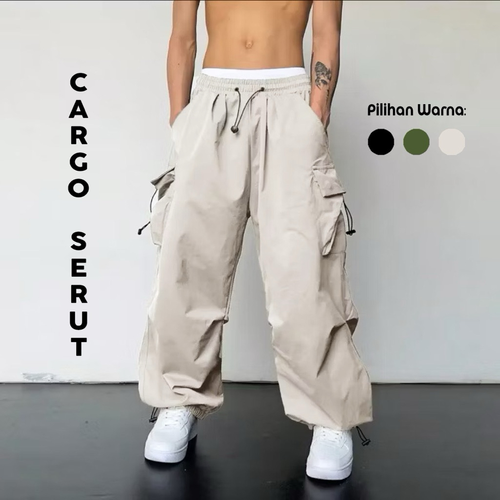 Cargo Loose Pants Celana Kargo Tali Serut Longgar Bahan Katun Drill Unisex