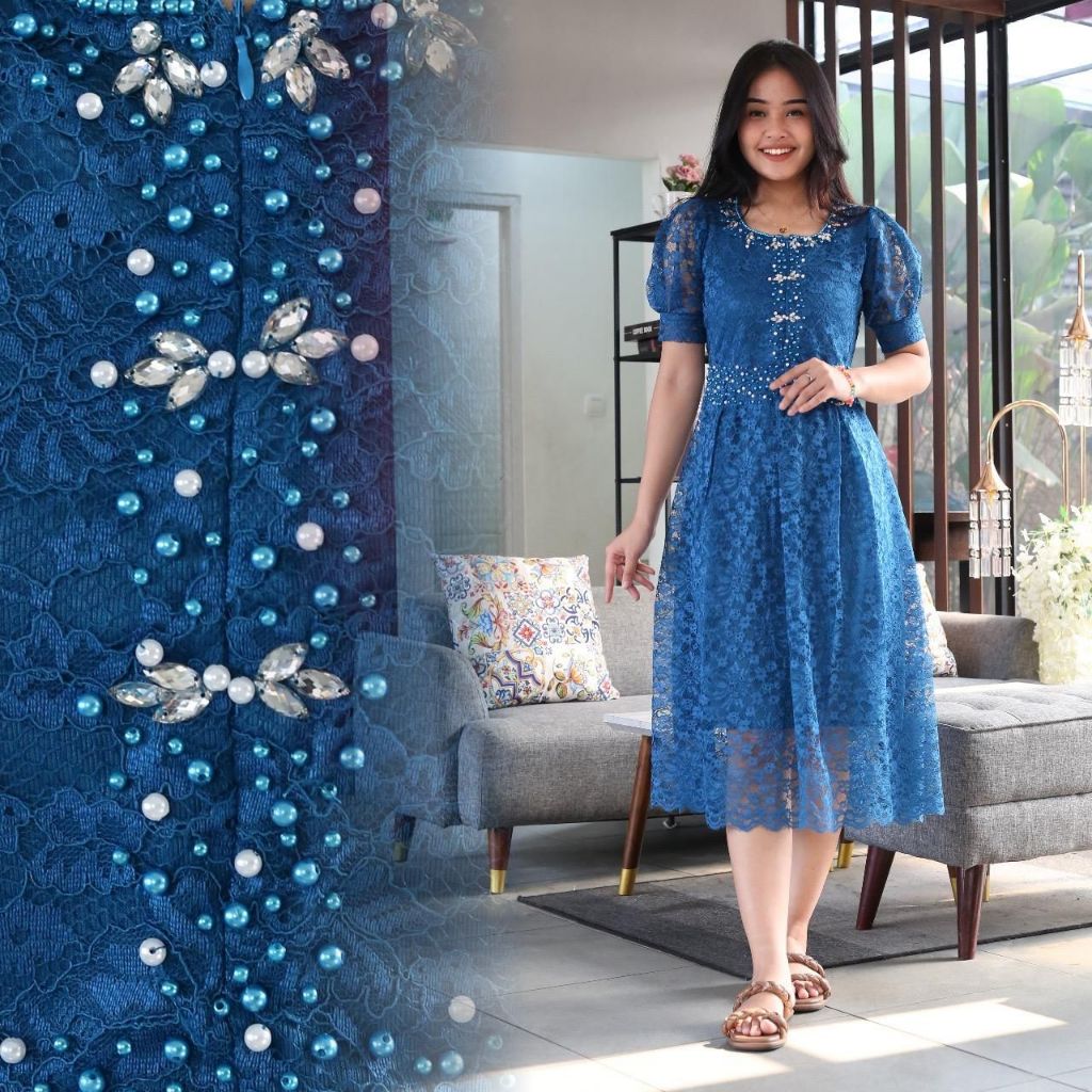 PROMO Dress Modern Brokat Payet Evellyn GISELLA 2025 / GAUN MIDI NATALAN GEREJA PANJANG LENGAN