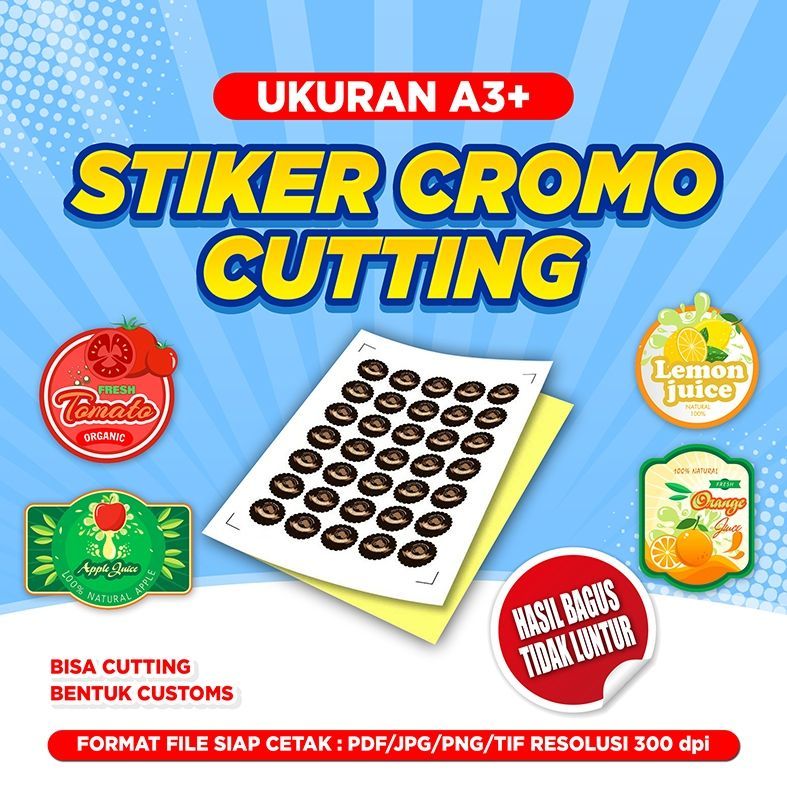 

Cetak Stiker Cromo A3+ Cutting Pola Custom Logo | Desain Sendiri | Print Stiker Full Color