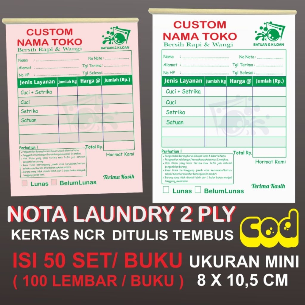 

nota laundry custom 2 ply hijau isi 50 set ( 100/buku).ukuran mini 8x10cm 1/8 folio