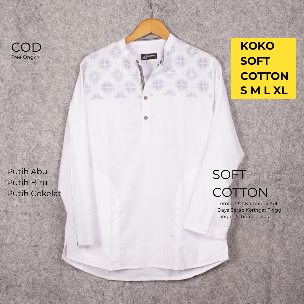 Koko Putih Panjang Arahmanda Motif Premium – Baju Muslim Pria Adem Elegan Nyaman Wudhu Praktis S-XL