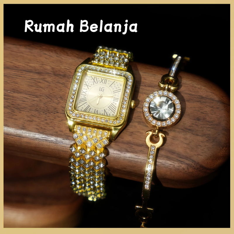 Set Jam Tangan dan Gelang Wanita Mewah | Paket Jam Tangan Emas Penuh Permata Elegan
