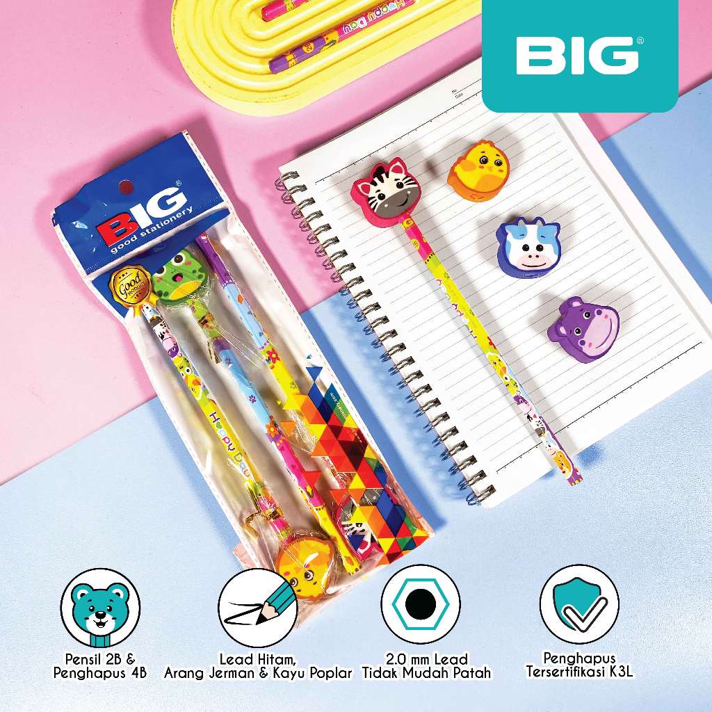 

3 Pcs BIG Pensil 2B & Penghapus Hewan Lucu PS-888