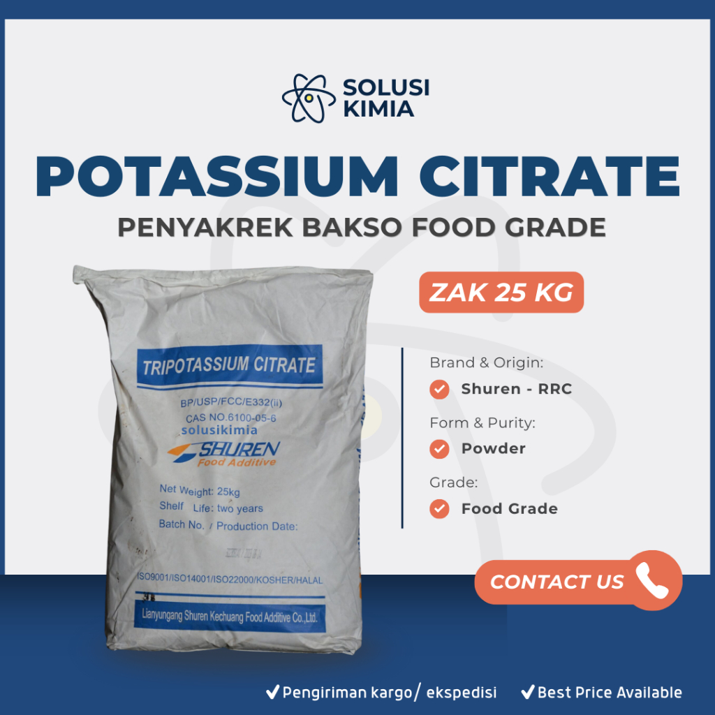 

Tripotassium Citrate Food Grade 25kg – Penyakrek Bakso Pengatur Keasaman, Penstabil & Aditif Makanan