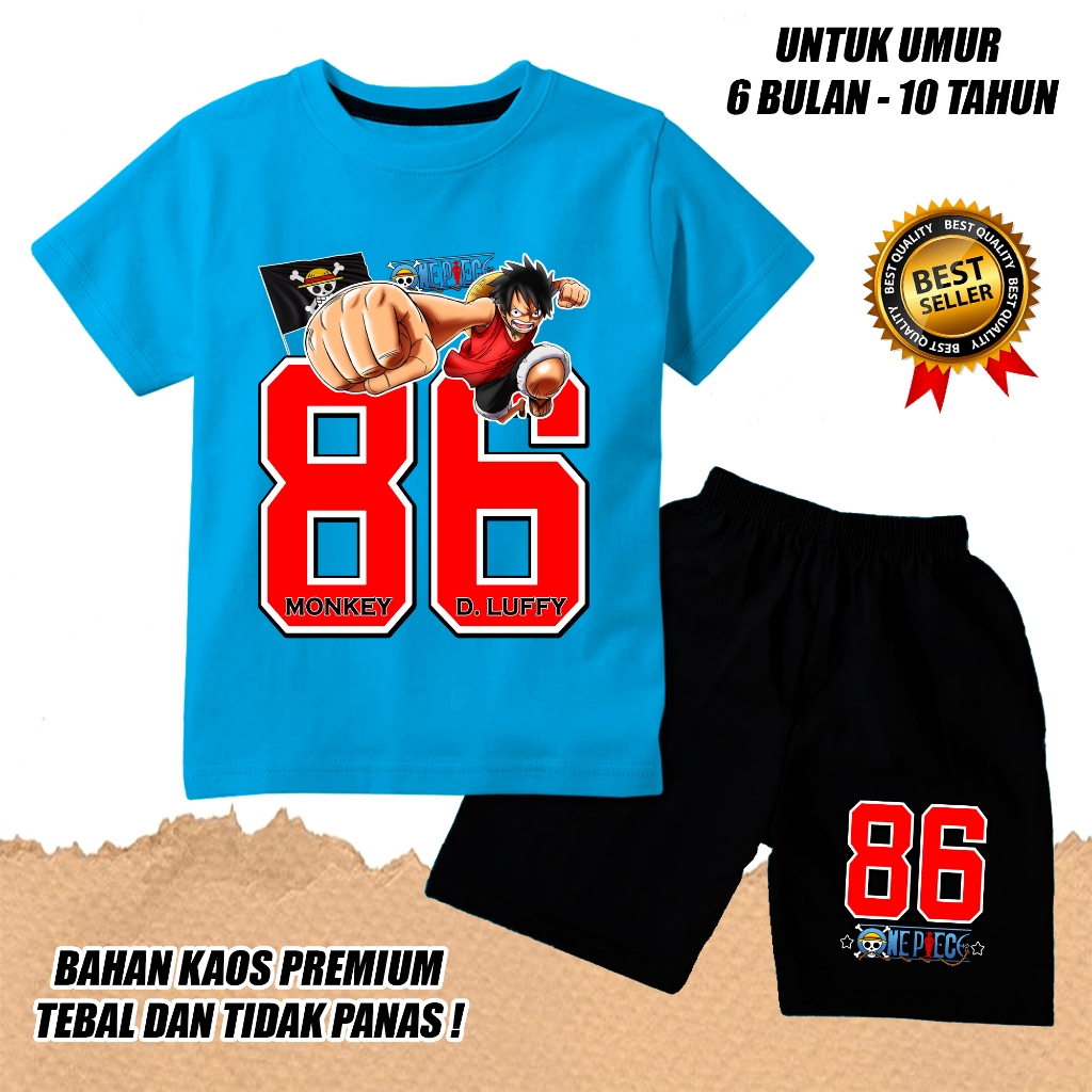 SETELAN LENGAN PENDEK ANAK LAKI LAKI PEREMPUAN KAOS ANAK COWOK NOMOR 86 ONE PIECE KATUN C HITAM