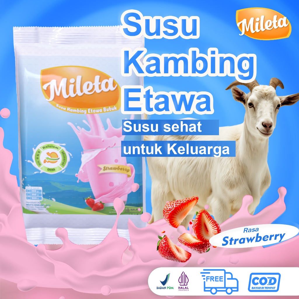 

Susu Kambing Etawa Murni MILETA Rasa Strawberry 200gr 500gr 1000gr | Susu Tumbuh Kembang Anak Sehat