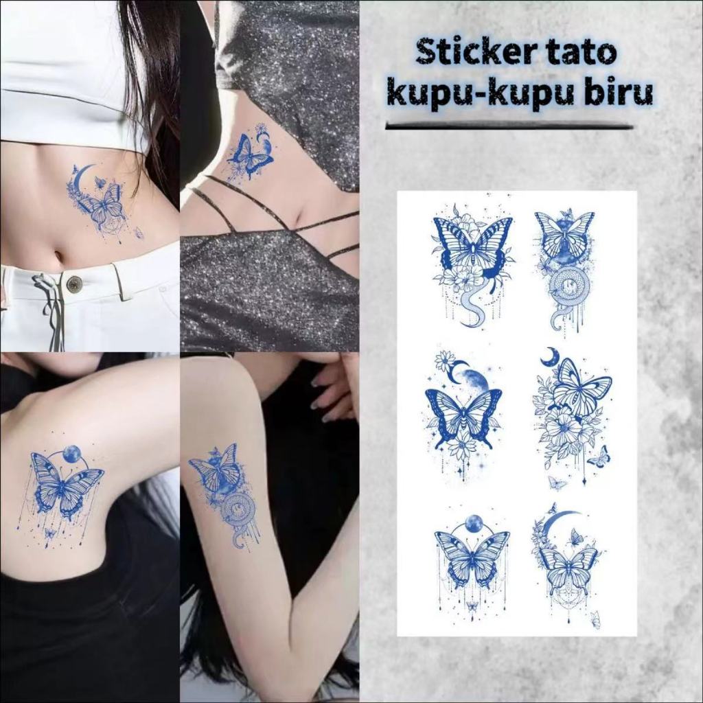 Stiker tato motif kupu-kupu biru Tato Temporer Tahan Air tato keren tahan