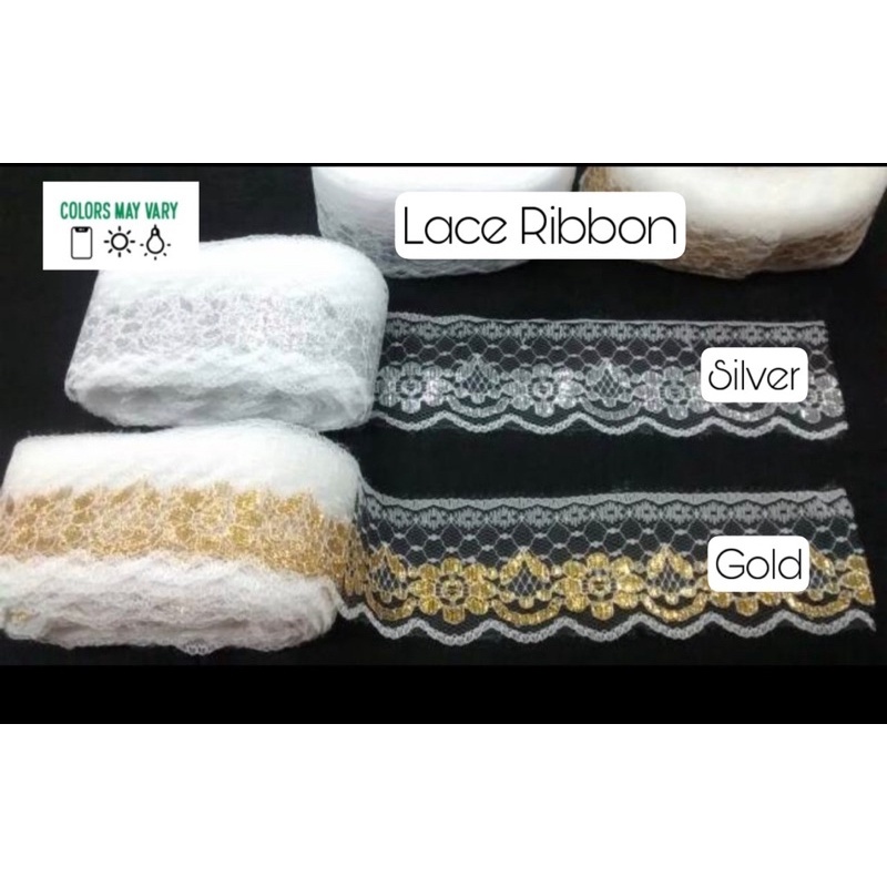 

( 2 YARD ) LACE RIBBON - PITA RENDA AIR GOLD SILVER 2IN 50MM 5CM PINK CREAM WHITE HIASAN KADO BUKET