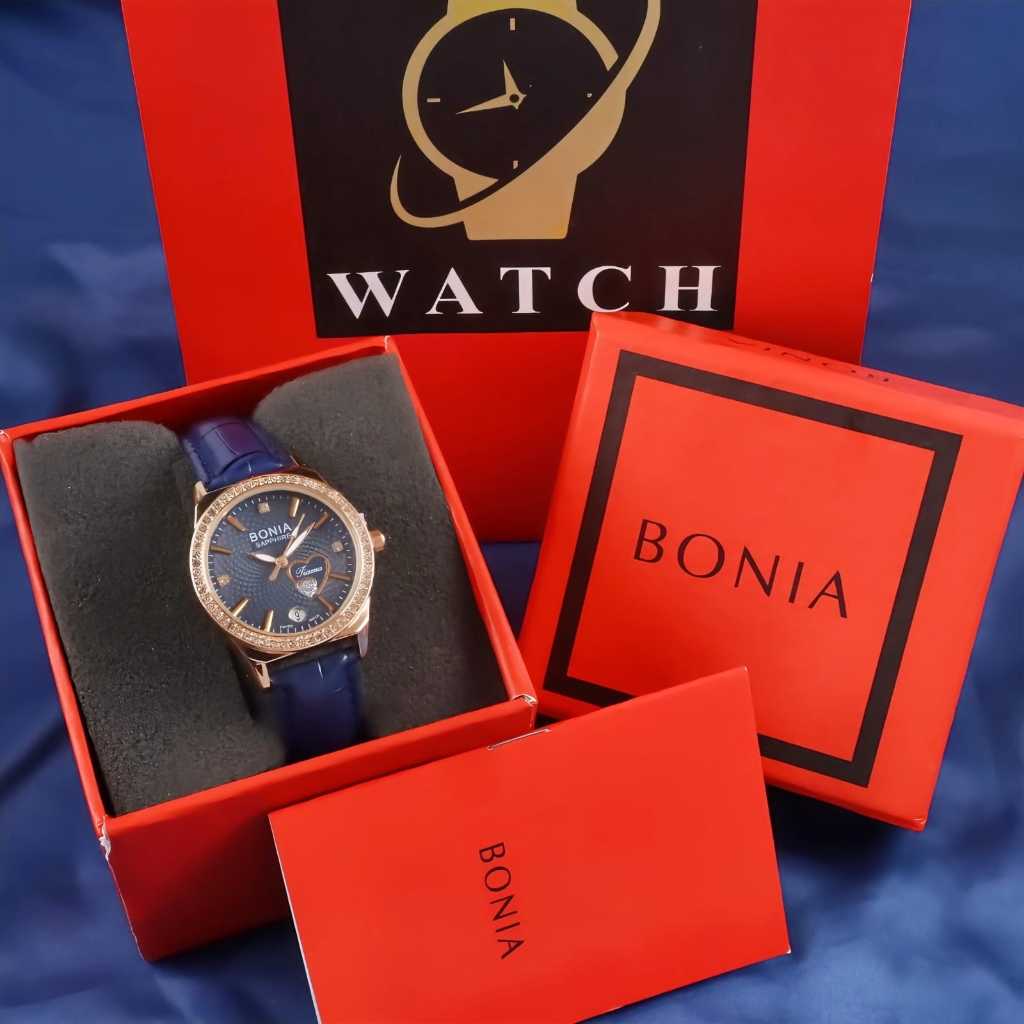 Jam Tangan Wanita Bonia Sapphire MAta Mata Tali Kulit Tanggal Aktif Box Exclusive