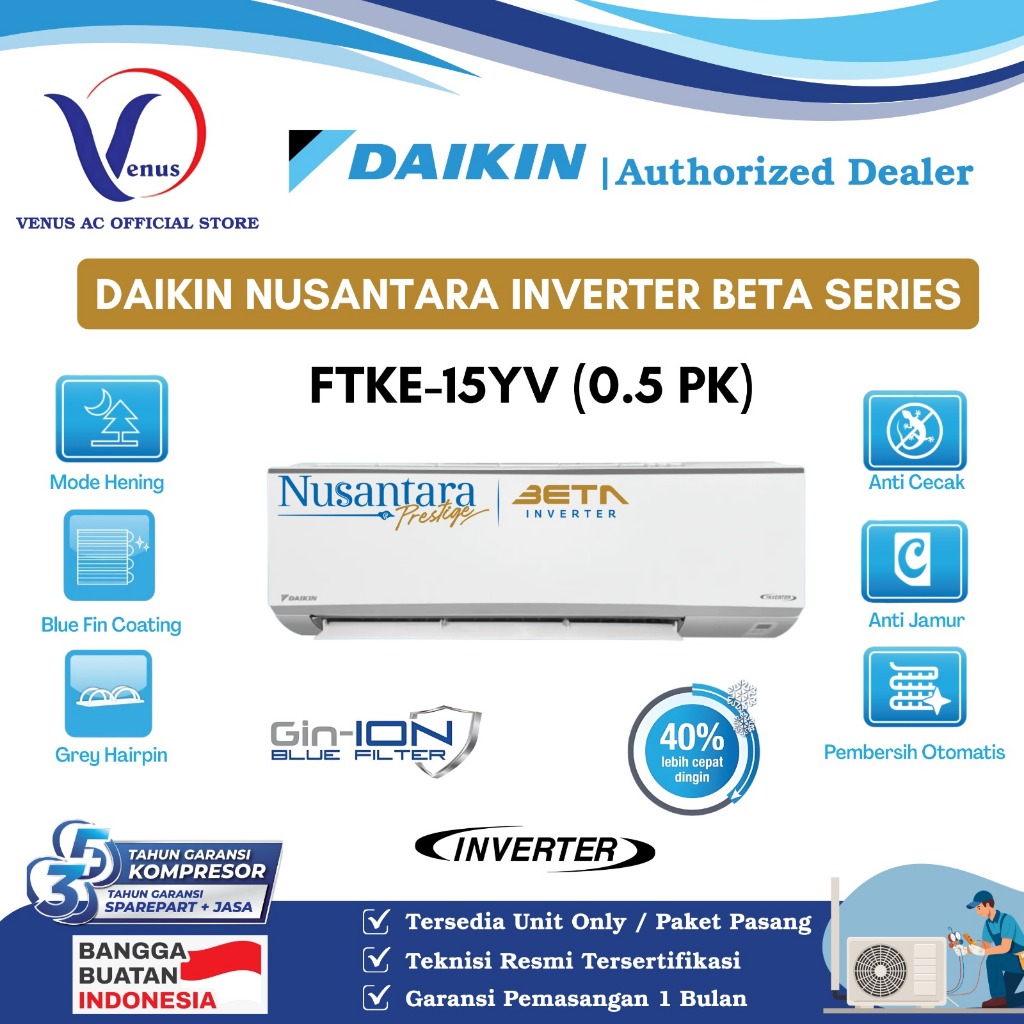 AC DAIKIN 0.5 PK 1/2 PK INVERTER BETA FTKE-15YV NUSANTARA SERIES TIPE TERBARU
