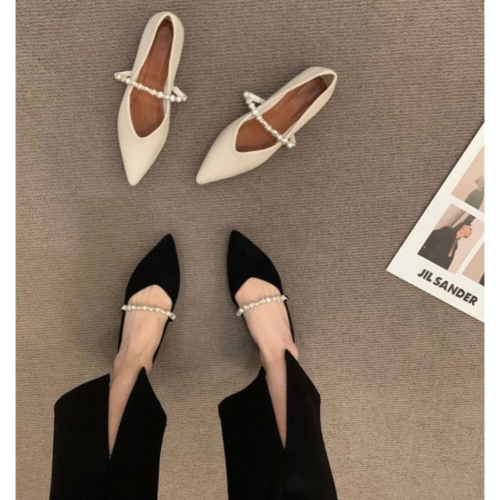 Flatshoes Mary Jane Wanita Hitam Mutiara Ujung Lancip -[MRH3]