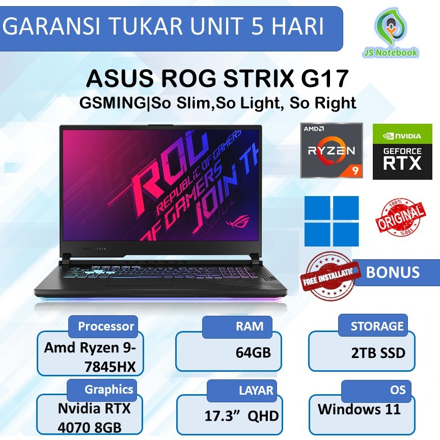 Asus Rog Strix G17 G713PV RTX4070 8GB Ryzen 9-7845HX 64GB 2TB SSD