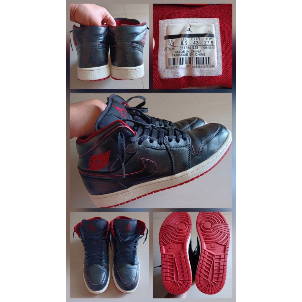 Sepatu AJ1 black gym red size 43 insole 27,5cm tembus upc